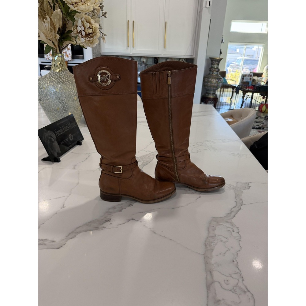 Michael Kors Boots Womens Brownโ Leather Riding Knee High Tall Logo Zip Buckle